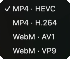 The Format menu open, offering MP4 HEVC, MP4 H.264, WebM AV1 and WebM VP9